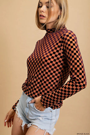 Checker Velvet Mock Neck