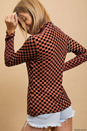 Checker Velvet Mock Neck