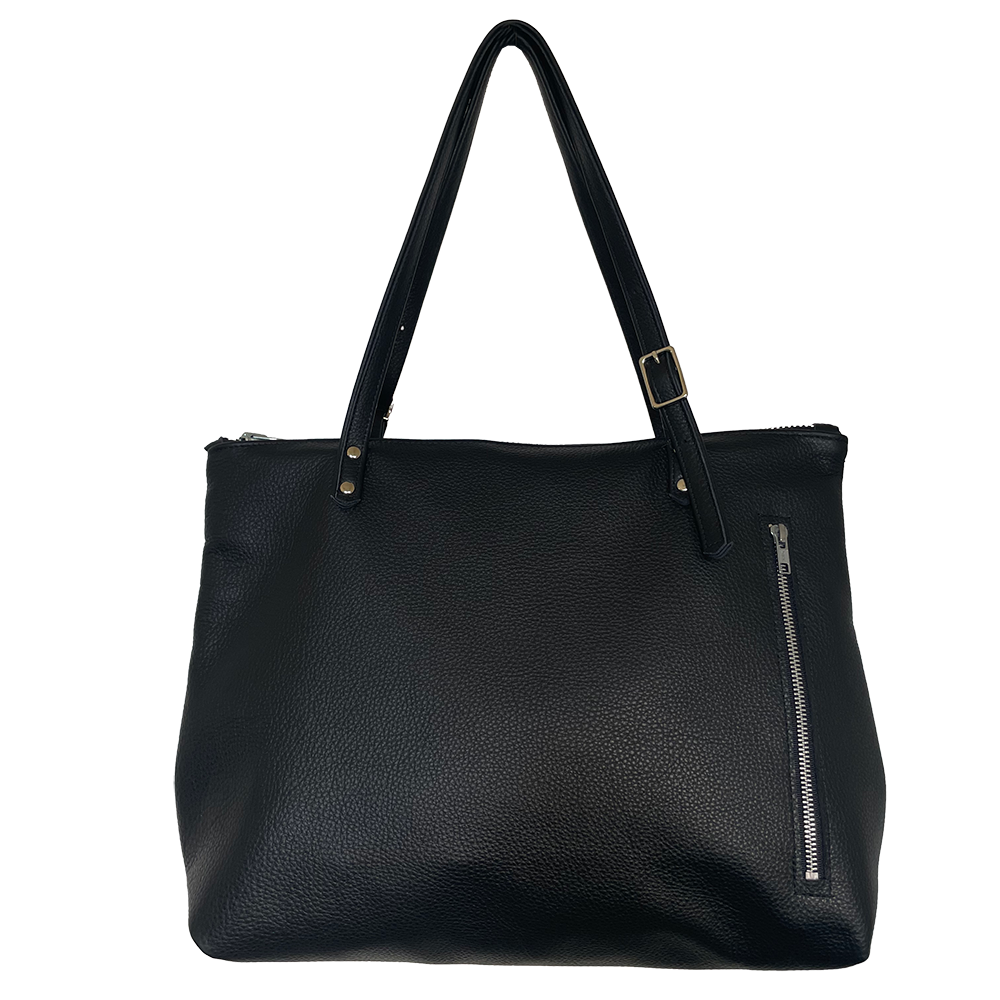Black leather zipper tote with pockets