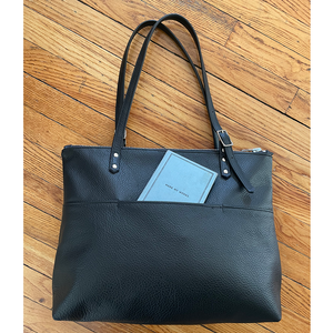 Black leather zipper tote with pockets