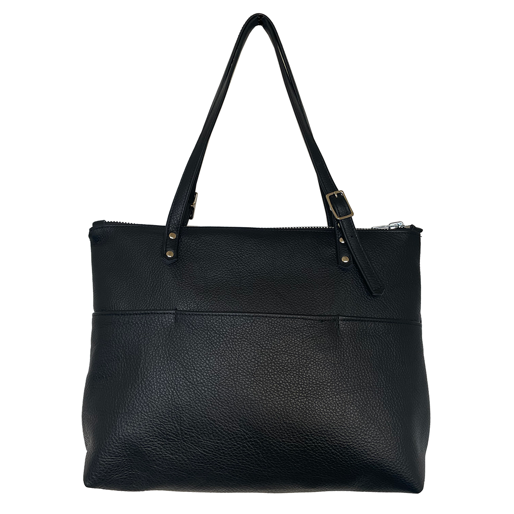 Black leather zipper tote with pockets