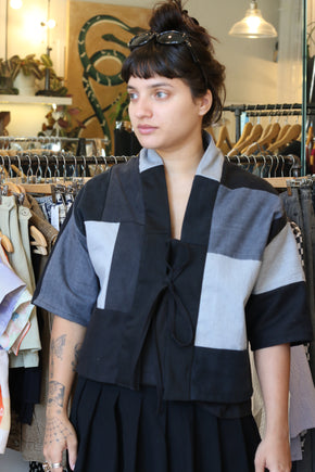 black denim patchwork jacket with ties