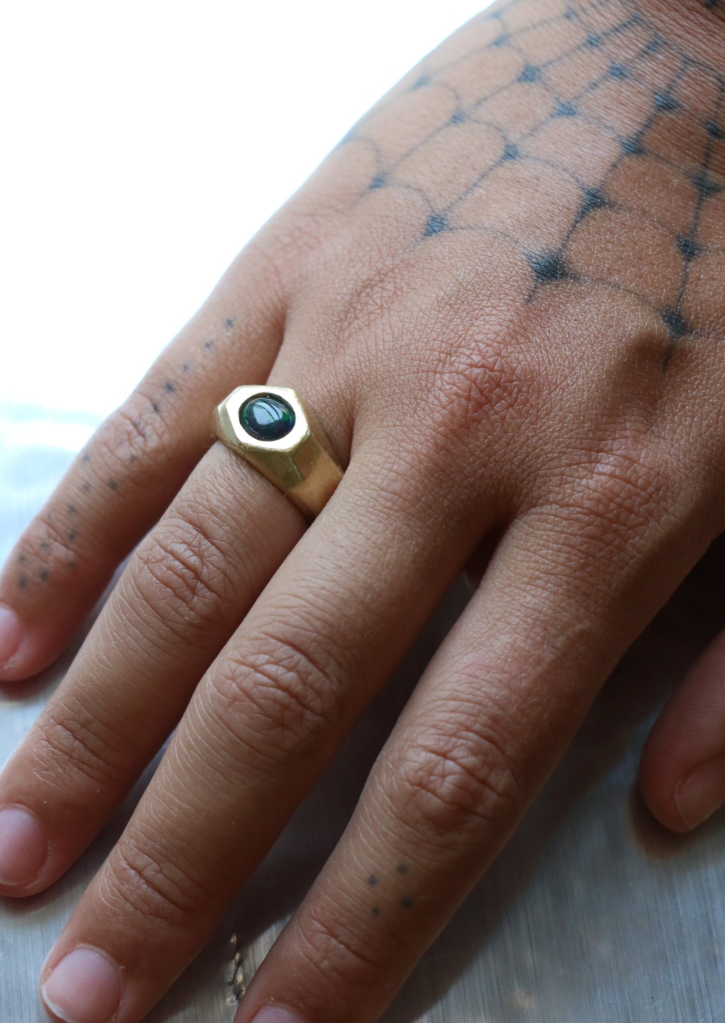 brass hexagon cut blue opal saturn ring