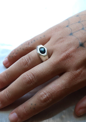 sterling silver hexagon cut blue opal saturn ring