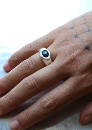 sterling silver hexagon cut blue opal saturn ring