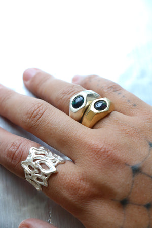 brass and silver hexagon cut blue opal saturn ring