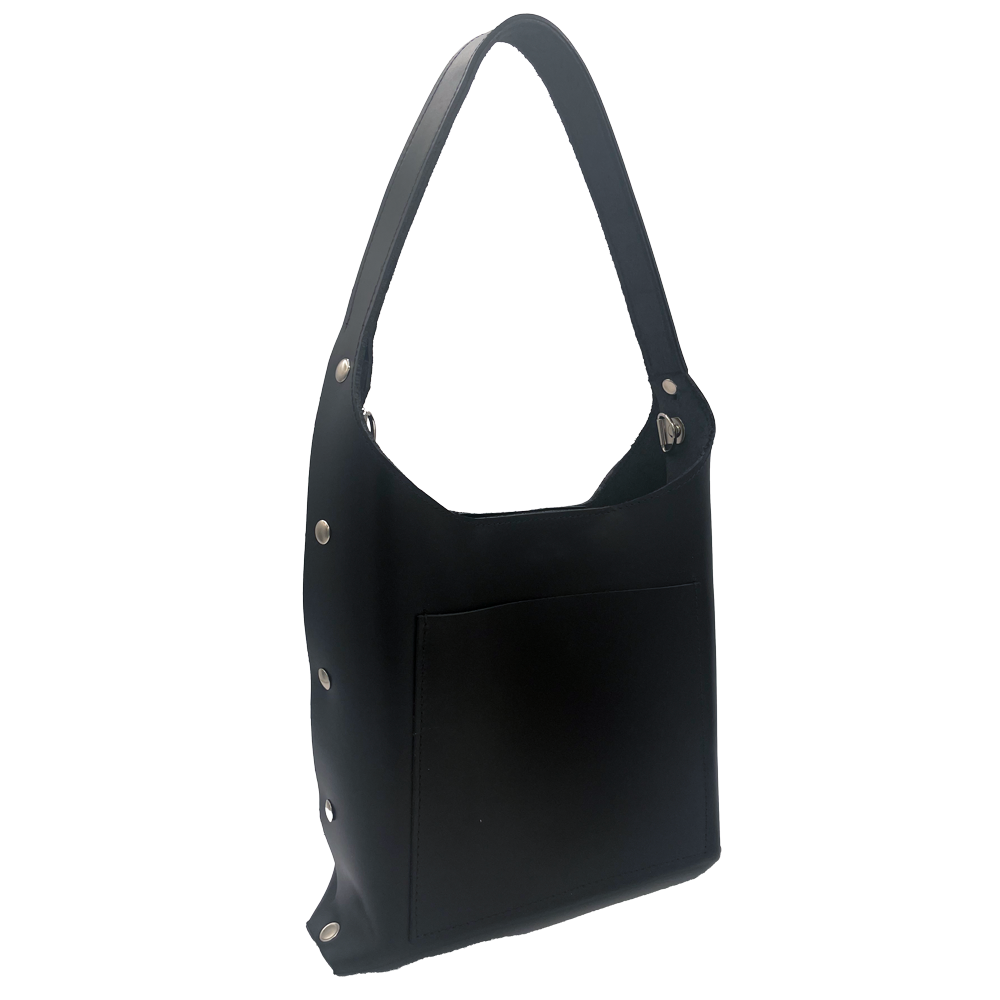 Black Leather Bucket Bag with Rivets