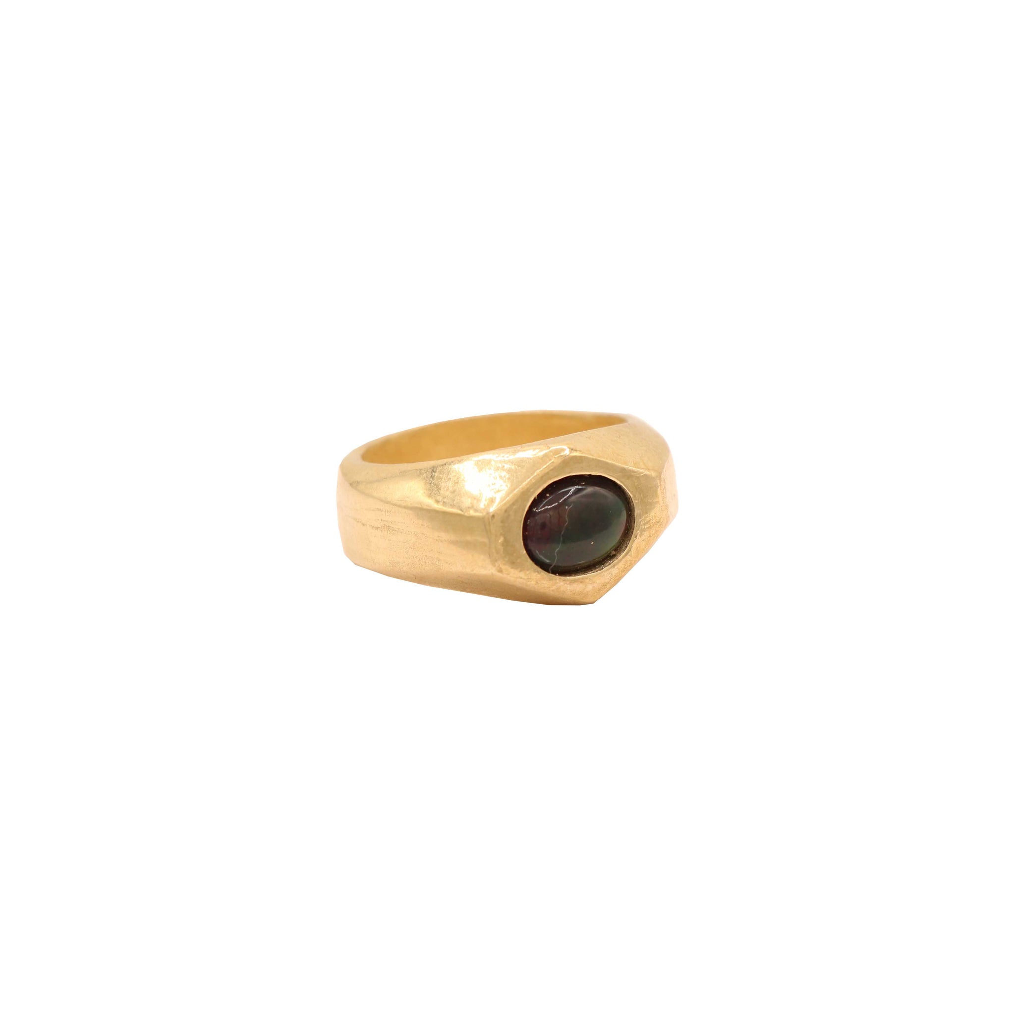 brass hexagon cut blue opal saturn ring