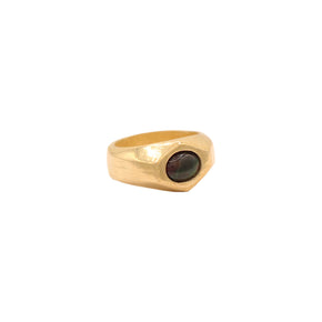 brass hexagon cut blue opal saturn ring