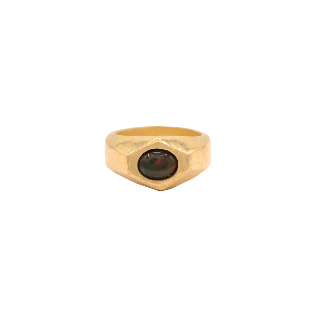 brass hexagon cut blue opal saturn ring