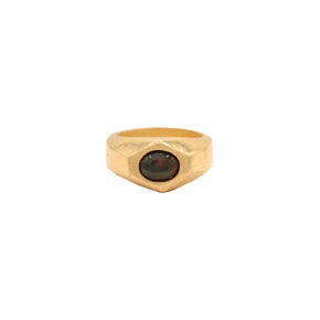 brass hexagon cut blue opal saturn ring