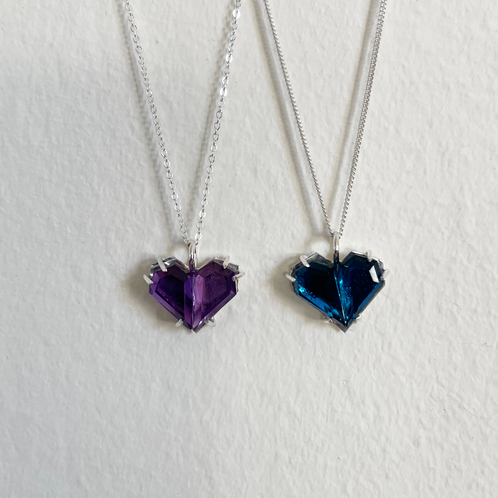 blue Topaz and purple amethyst heart quartz sterling silver necklace