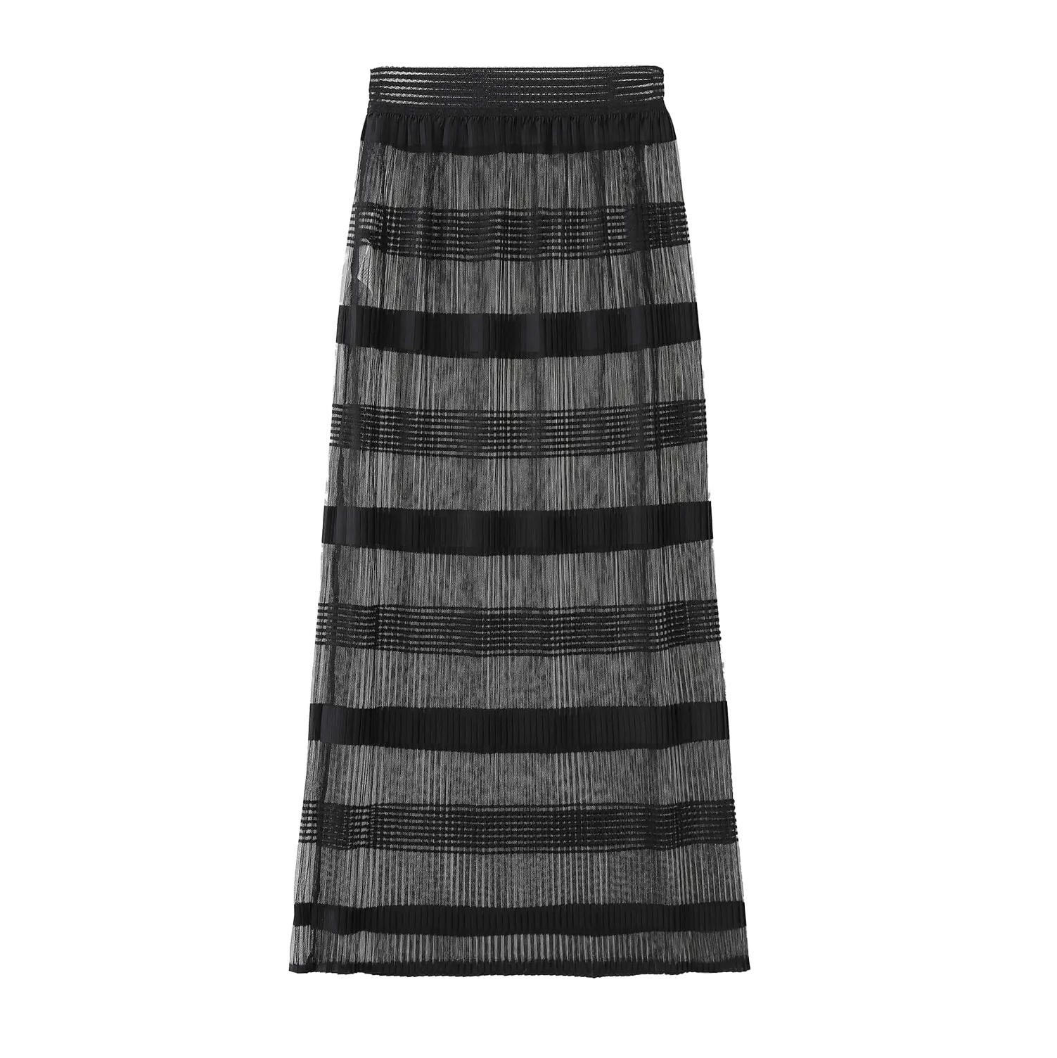 Striped and Pleated Mesh Maxi Skirt