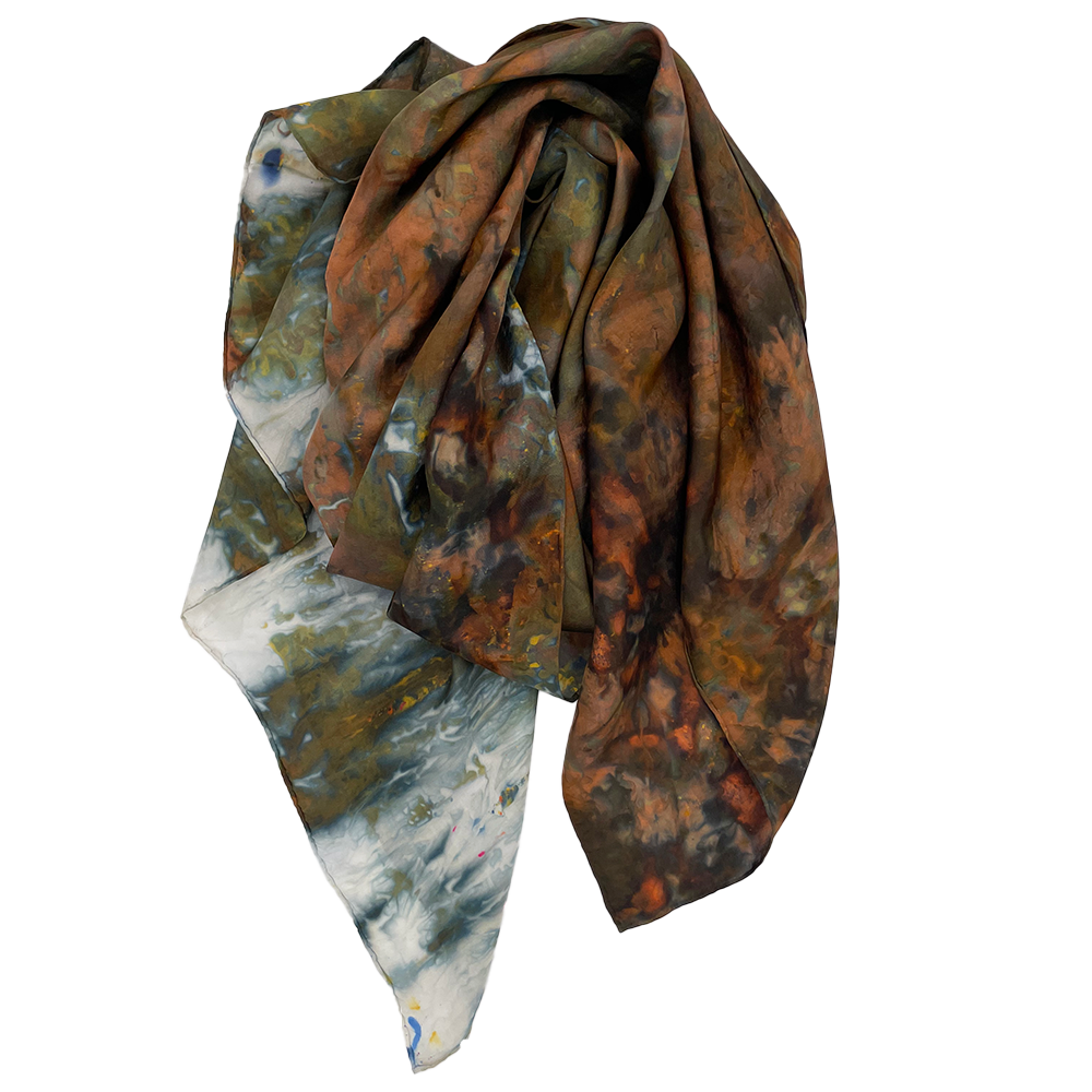 Ice Dyed Silk Scarf - Moss + Ochre