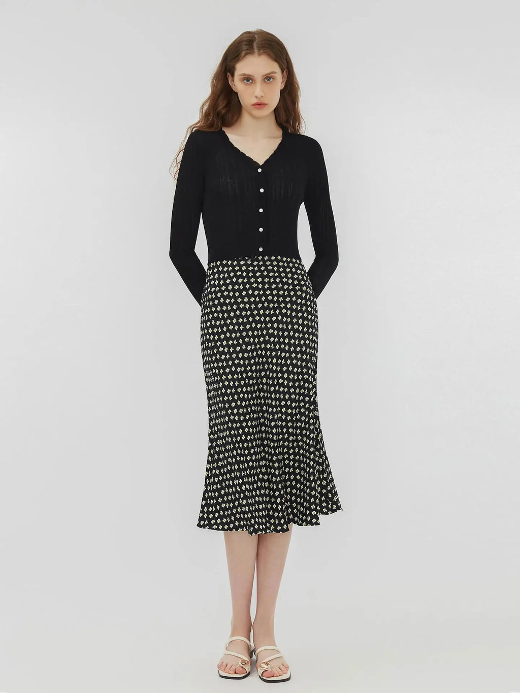 Black Printed Flowy Midi Skirt