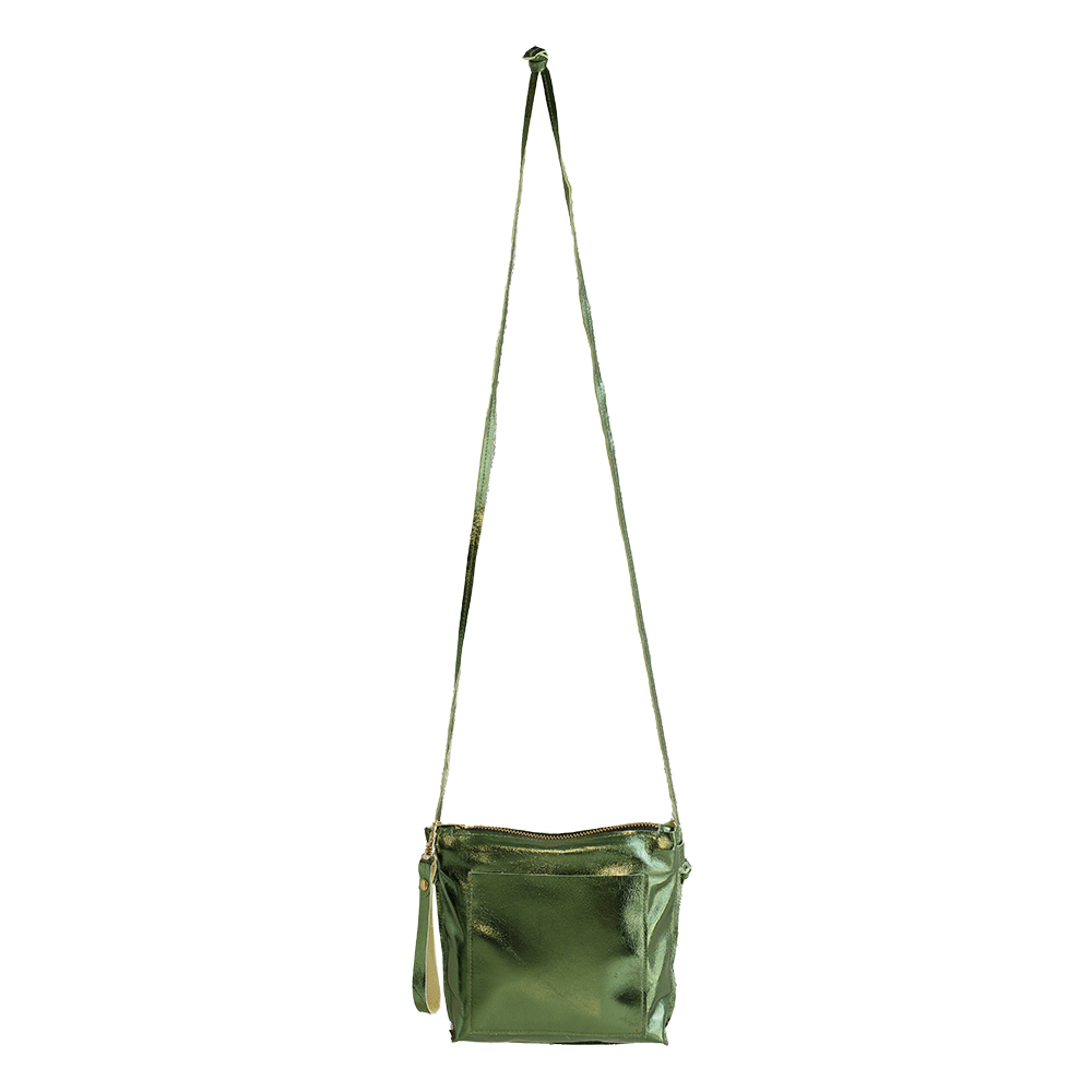 leather crossbody bag in metallic olive