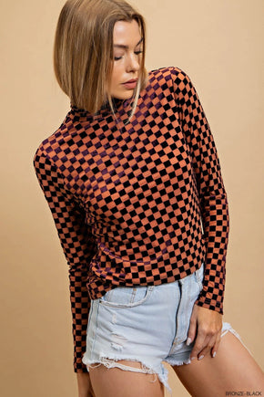 Checker Velvet Mock Neck