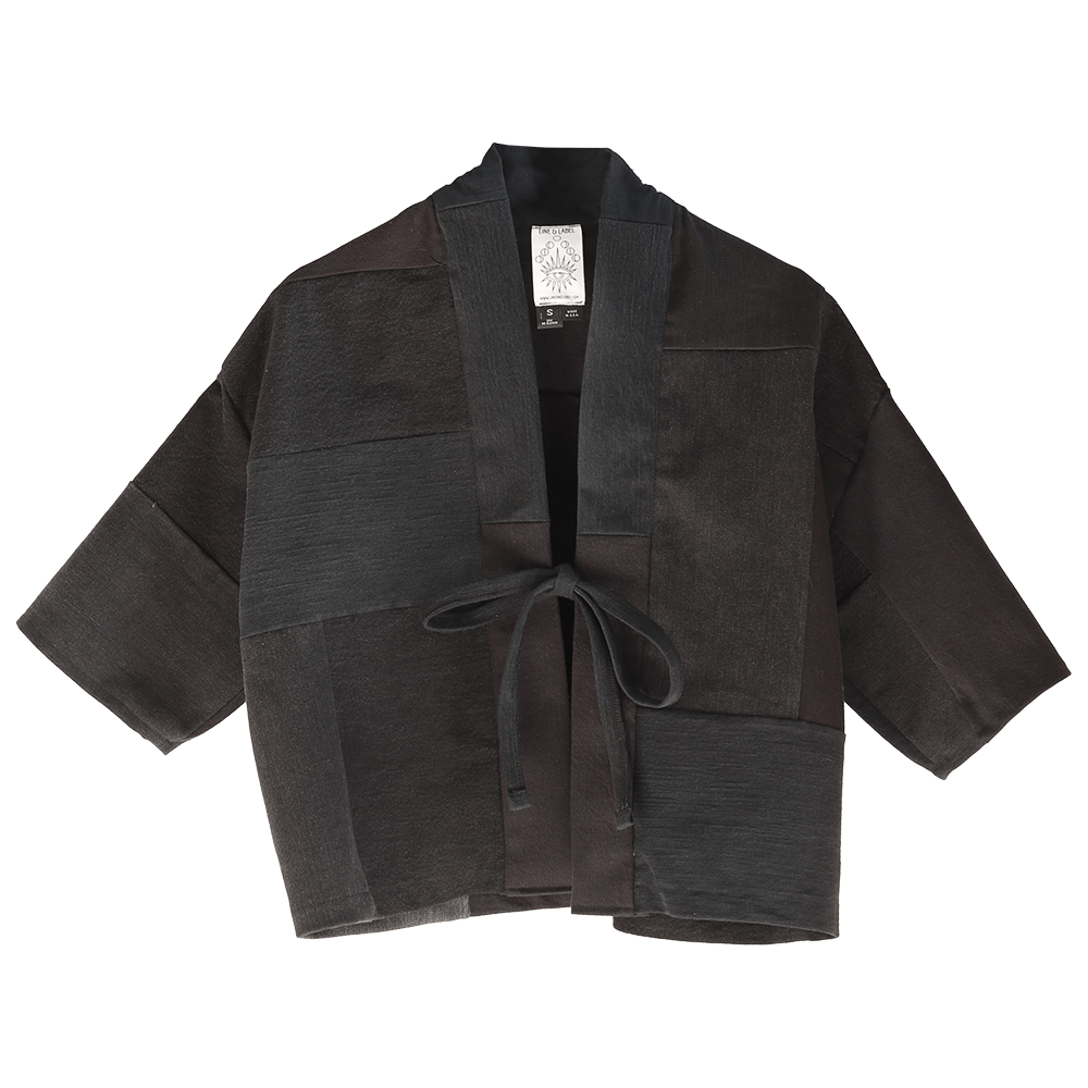 black denim patchwork jacket with ties