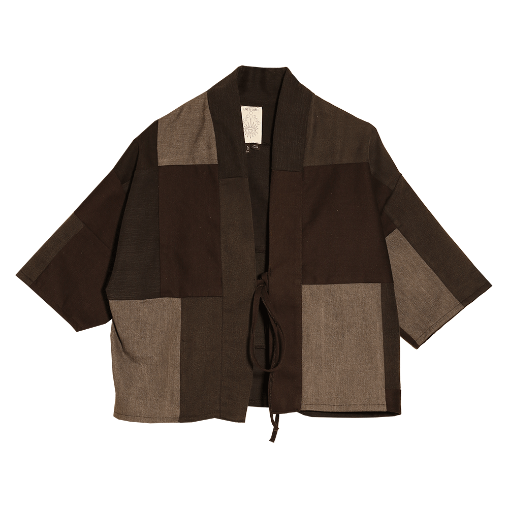 black denim patchwork jacket with ties