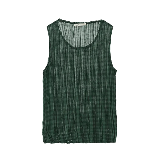 Pleated Plaid Chiffon Tank Top