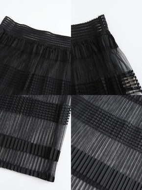 Striped and Pleated Mesh Maxi Skirt